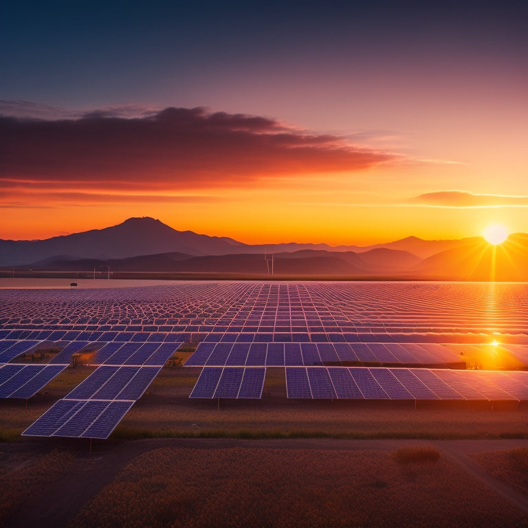 A futuristic, sleek solar farm at sunset with rows of bifacial panels angled towards the horizon, surrounded by wind turbines and a backdrop of mountains, with a subtle glow of electric currents.