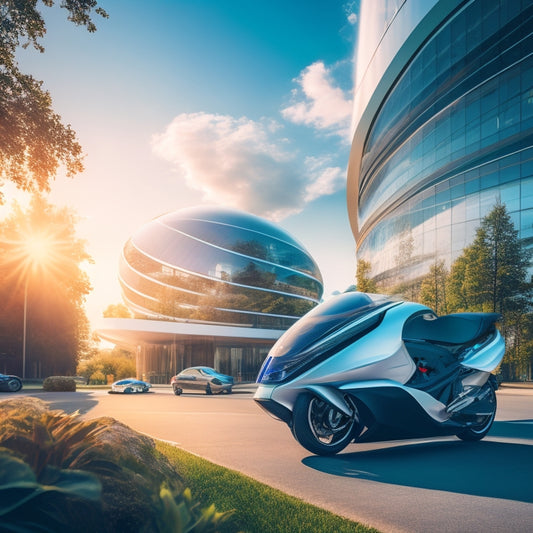 A futuristic cityscape with sleek, high-tech electric motorcycles parked alongside a modern building with a curved solar roof, surrounded by lush greenery and a bright blue sky.