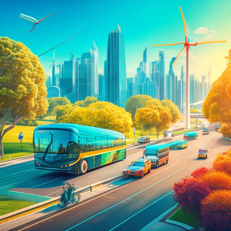 A vibrant illustration depicting a futuristic cityscape with electric buses, bike lanes, and pedestrian-friendly streets, surrounded by lush greenery and wind turbines in the background.