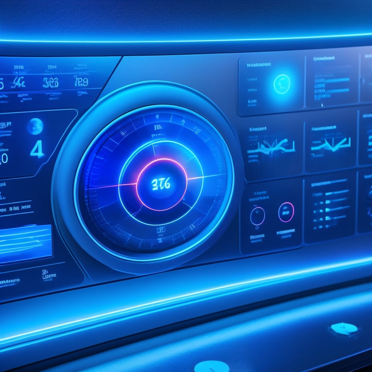 A futuristic dashboard displaying a solar panel installation with glowing blue lines, surrounded by circular gauges, graphs, and charts, set against a dark blue background with subtle grid patterns.