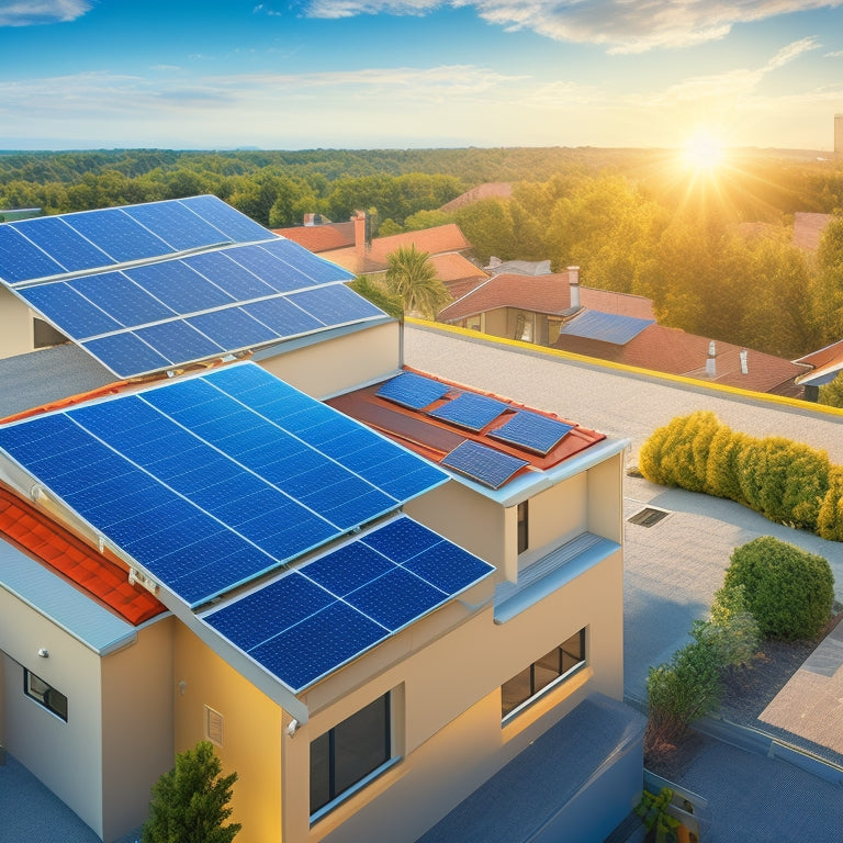 An illustration of a residential rooftop with varying sized solar panels, with arrows and icons representing different factors (e.g., sun, money, and a recycling symbol) influencing panel prices.