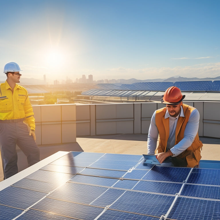 A commercial building rooftop with partially installed solar panels, a worker in the background consulting a tablet, and a cityscape in the distance with a sunny sky.