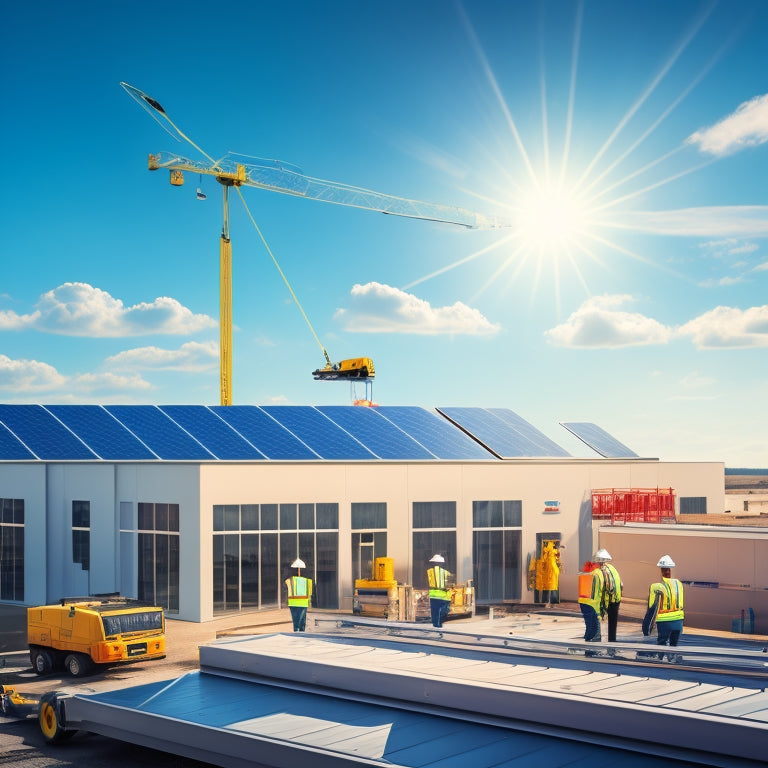 An illustration of a commercial building with a rooftop solar panel array, featuring a crane lifting panels into place, workers in hard hats and vests, and a bright blue sky with fluffy white clouds.