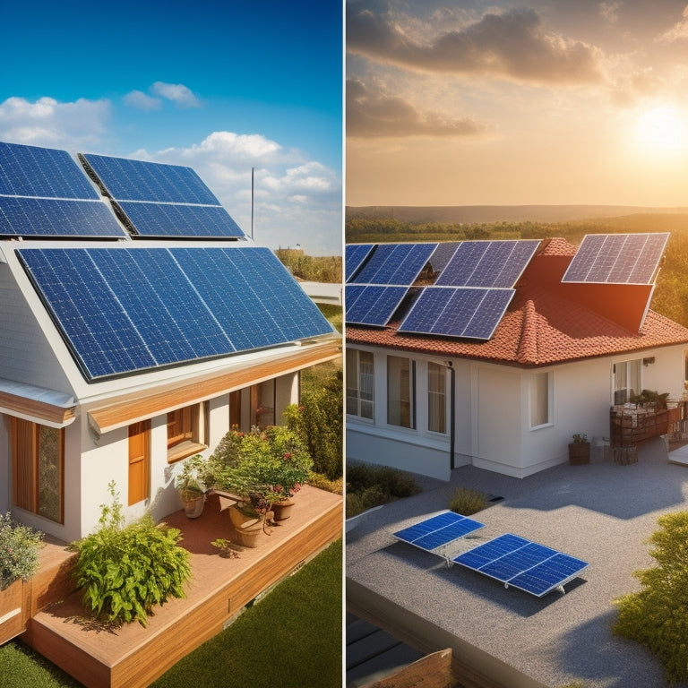 A split-screen image featuring a rooftop with solar panels on one side and a battery bank with various components on the other, surrounded by icons of houses, money, and environmental elements.