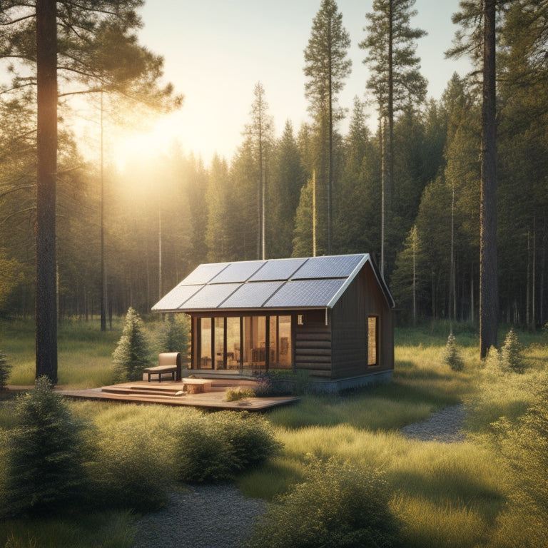 A serene landscape with a small off-grid cabin, surrounded by trees, featuring various solar panel arrays of different sizes, with a subtle grid of measurement lines and rulers in the background.