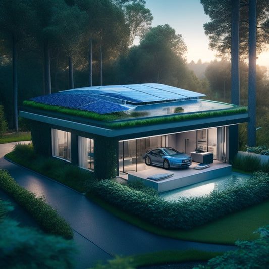 A futuristic, modern home with solar panels on the roof, surrounded by lush greenery, with a sleek, silver battery storage system installed in the garage, lit up with soft blue LED lights.