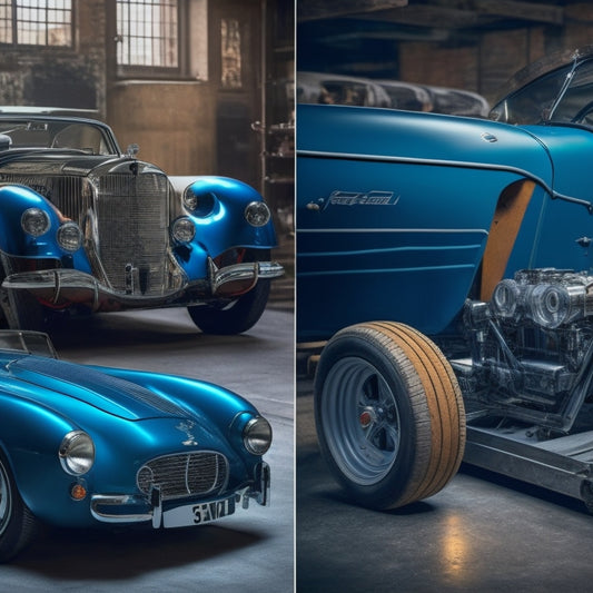 A split-screen image featuring a vintage sports car on the left, with its original engine exposed, and the same car on the right, with a modern, sleek powertrain installed, surrounded by tools and blueprints.