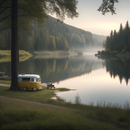 A serene landscape with a camper van parked beside a tranquil lake, surrounded by lush green trees and a faint mist, with a subtle glow of a laptop screen visible through the van's window.