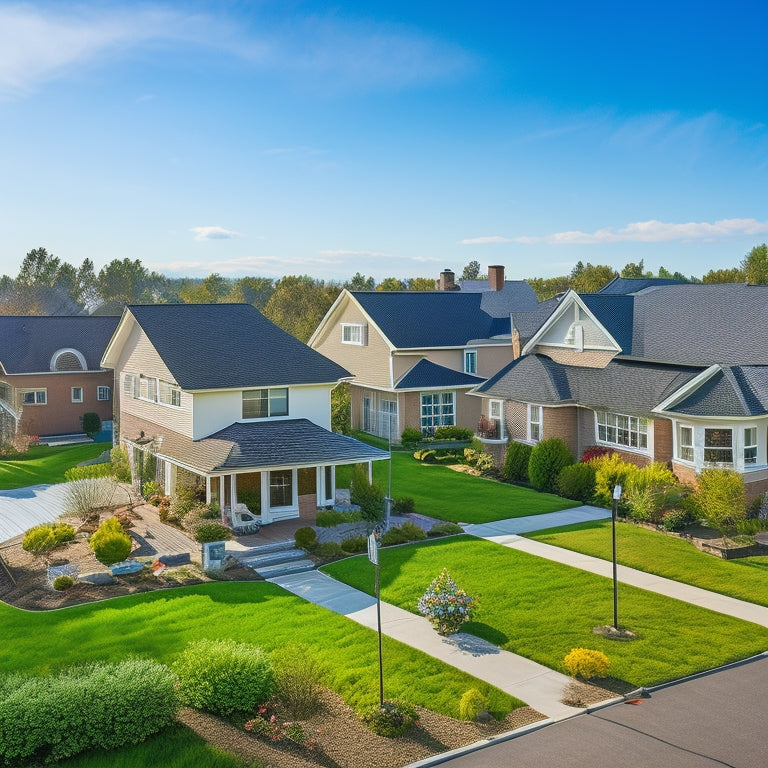 A serene suburban neighborhood with various houses featuring different solar panel installations, showcasing diverse panel styles, roof angles, and mounting systems amidst a bright blue sky with fluffy white clouds.