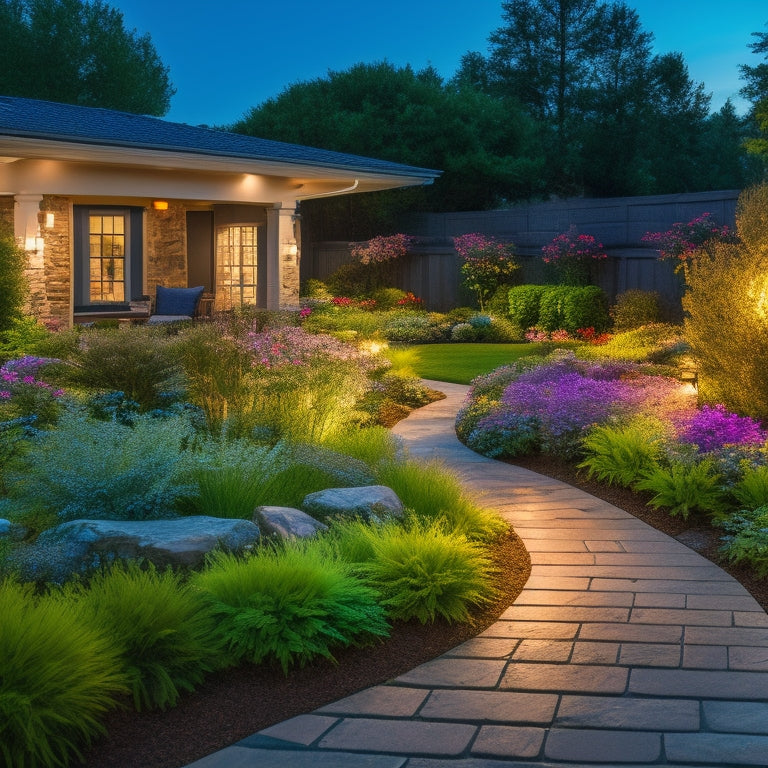 A serene evening scene with a modern home and lush garden illuminated by various solar-powered lights: pathway lights lining a winding stone walkway, string lights draping a pergola, and spotlights highlighting vibrant flowers.