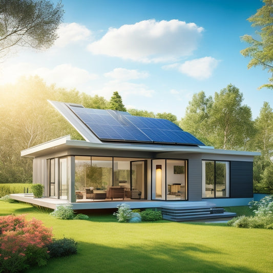 A serene, modern home with sleek solar panels seamlessly integrated into its roof, surrounded by lush greenery and a bright blue sky with a few wispy clouds.