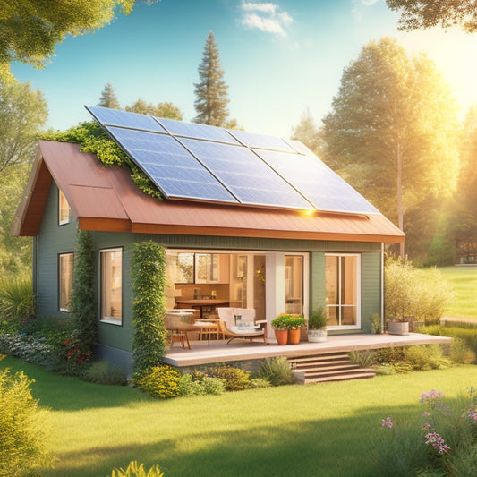 An illustration of a cozy, eco-friendly home with solar panels on the roof, LED light bulbs, and a programmable thermostat, surrounded by lush greenery and a bright sunny day.