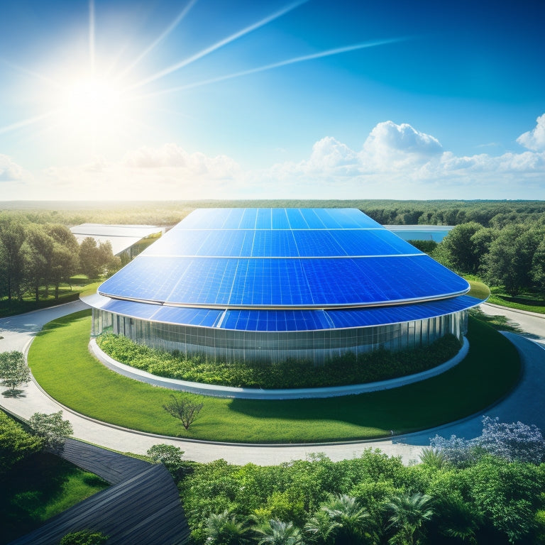 A futuristic commercial building with a sleek, silver roof covered in rows of gleaming solar panels, surrounded by a lush green garden and a bright blue sky with a few puffy white clouds.