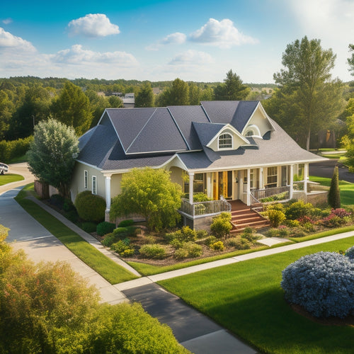 A serene suburban neighborhood with a single-story house, solar panels installed on the roof, and a bright blue sky with a few white, puffy clouds, surrounded by lush green trees.