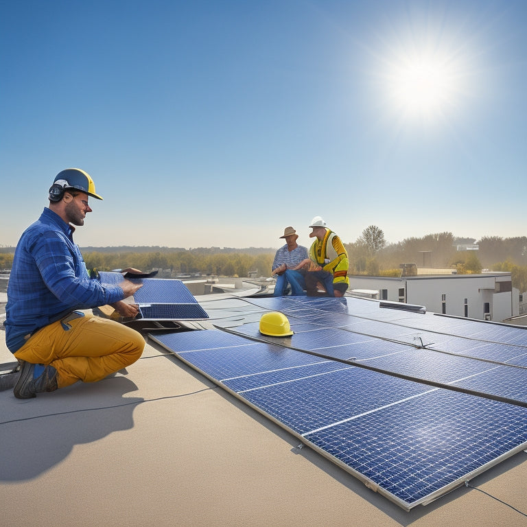 A rooftop with solar panels installed, with a contractor in the background holding a tablet and pointing to a solar panel, surrounded by tools and equipment.