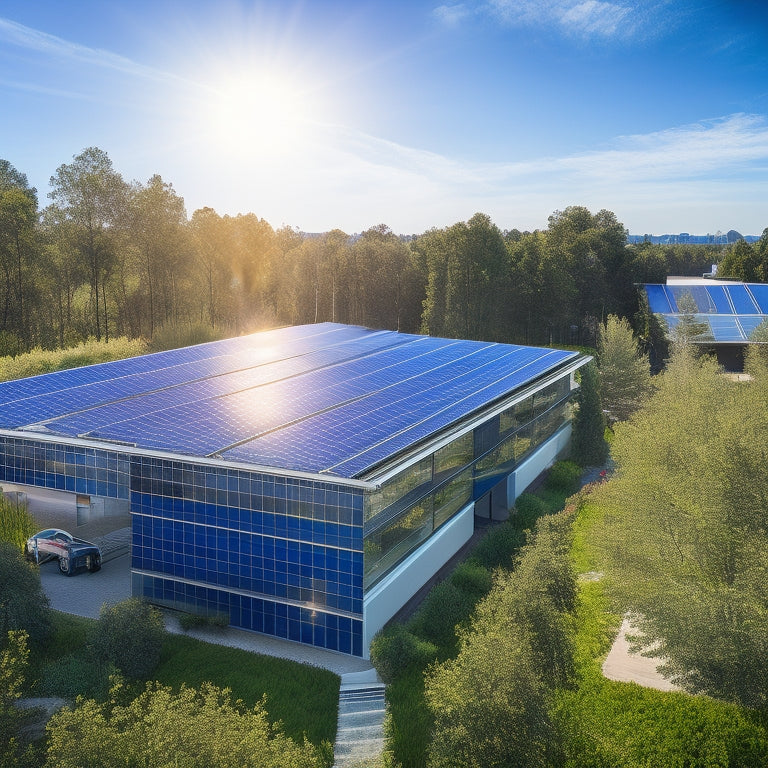 A sunny, modern office building with solar panels on the roof, surrounded by lush greenery and a bright blue sky, with a subtle grid of circuits and gears in the background.