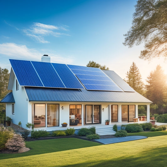 A serene suburban home with a sleek, modern roof, partially covered in a grid of high-efficiency solar panels, set against a bright blue sky with a few wispy white clouds.