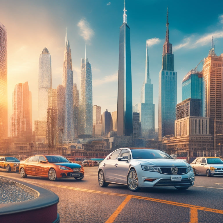 A stylized illustration of a cityscape with various company logos on buildings, featuring a fleet of shared cars in the foreground, with a subtle background of coins or currency symbols.