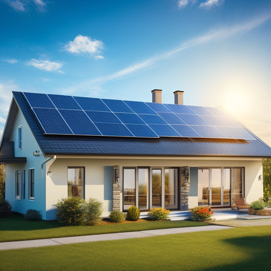 An illustration of a residential house with a bright blue sky and sun in the background, showcasing a partially installed solar panel system on the roof with a few panels already in place.