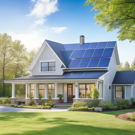 A serene suburban home with a mix of sleek, black solar panels and traditional roofing, surrounded by lush greenery and a bright blue sky with a few wispy clouds.