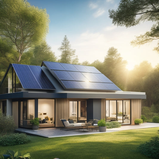 A modern, sleek, and eco-friendly home with integrated solar panels on the roof, surrounded by lush greenery and a bright blue sky, with a subtle glow emanating from the windows.