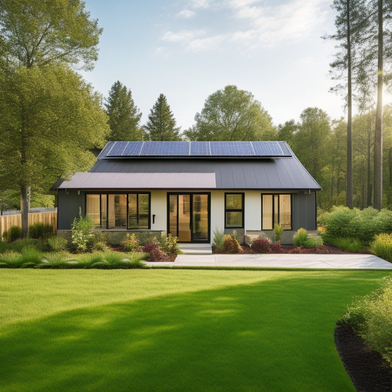 A serene backyard with a modern single-story house, lush green grass, and a few trees, featuring a sleek, black-framed solar panel array installed on the roof and a smaller one on the garden shed.