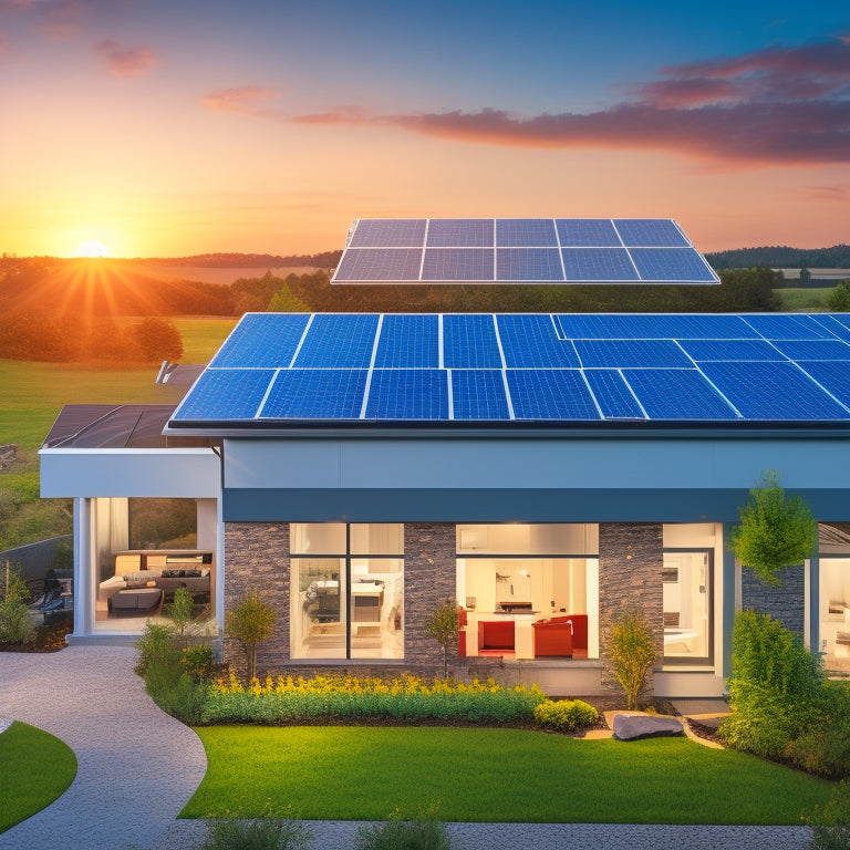 An illustration of a modern home with a rooftop solar panel array, surrounded by a subtle grid of circuitry and wires, with various inverter units displayed in the foreground.