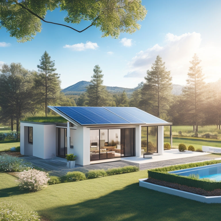 A serene landscape with a modern home, solar panels on the roof, and a sleek battery storage unit in the backyard, surrounded by lush greenery and a sunny blue sky.