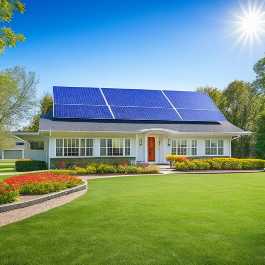 A serene suburban home with a lush green lawn, surrounded by blooming flowers, featuring a sleek solar panel roof and a prominent "Sold" sign on the front lawn, under a bright blue sky.