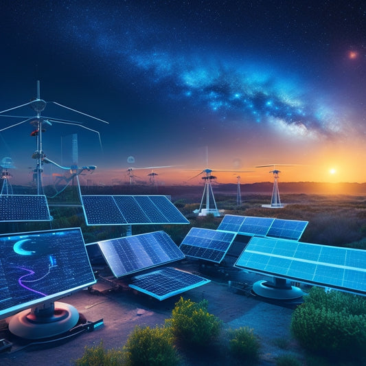 A futuristic, high-tech illustration depicting a remote monitoring station with various screens displaying real-time data from solar panels, batteries, and weather stations set against a starry night sky with planets in the background.