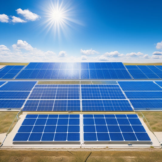 An illustration featuring a grid of commercial solar panels in various sizes (e.g., 39" x 65", 41" x 67", 60" x 96") with precise measurements and clean lines, set against a bright blue sky with fluffy white clouds.