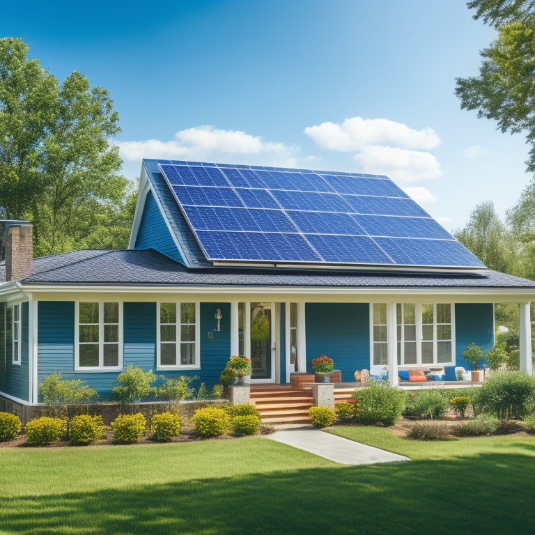 A serene suburban house with a mix of bright blue and gray solar panels installed on its roof, surrounded by lush green trees and a sunny sky with a few puffy white clouds.