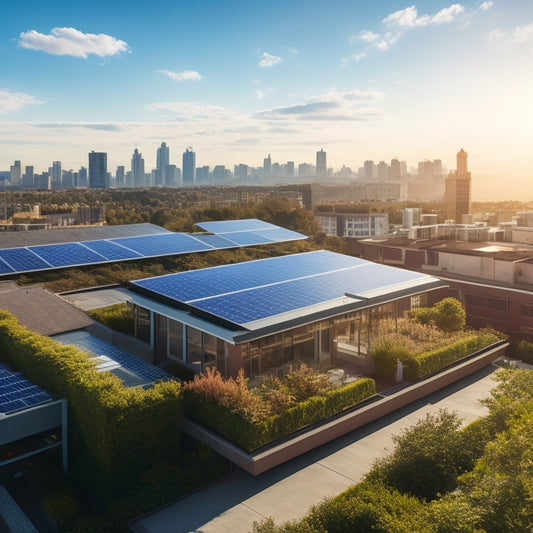 A serene residential rooftop with solar panels installed, surrounded by lush greenery, with a faint grid of city buildings in the background, under a clear blue sky with a few wispy clouds.