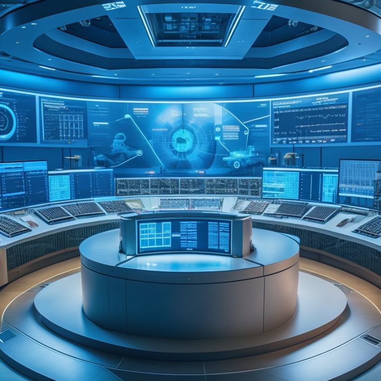 A futuristic control room with a large, circular scheduling dashboard in the center, surrounded by screens displaying calendars, charts, and diagrams, with robotic arms and wires in the background.