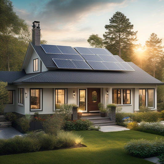 A serene suburban home with a sloping roof, adorned with a sleek solar panel array, surrounded by lush greenery, with a subtle hint of sunlight casting a warm glow.