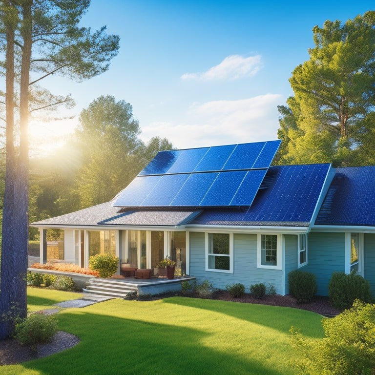 A serene suburban home with a sleek solar panel array on the roof, adjacent to a compact battery storage unit, surrounded by lush greenery and a bright blue sky.