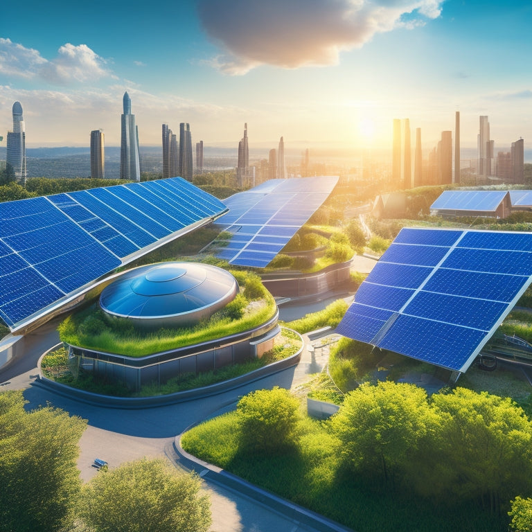 Generate an image depicting a futuristic cityscape with sleek, silver solar panels integrated into rooftops, connected to a network of gleaming, cylindrical energy storage units, surrounded by lush greenery and a bright blue sky.