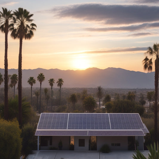 A serene California landscape with a modern solar panel installation on a rooftop, surrounded by palm trees, with a subtle sunny glow and a faint outline of the San Gabriel Mountains in the background.