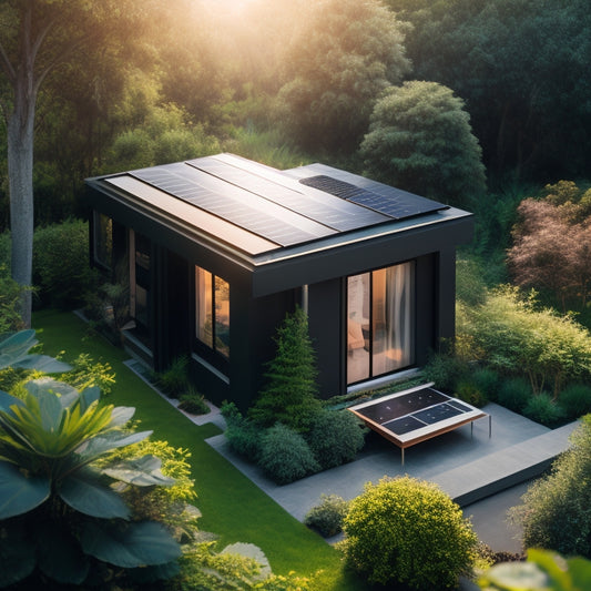 A serene, modern home surrounded by lush greenery, with a sleek, black solar panel array installed on the rooftop, and a small, futuristic inverter box attached to the exterior wall.