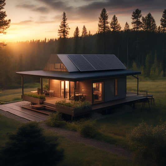 A serene landscape with a modern off-grid cabin surrounded by lush greenery, featuring a rooftop solar panel array, a battery bank, and an inverter, with a subtle sunrise glow in the background.