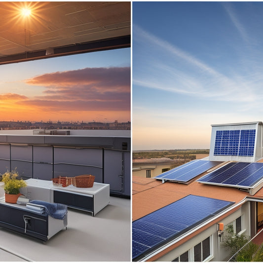 A split-screen image: a rooftop with solar panels on the left, and a tidy, organized storage room with a single storage battery on a shelf on the right, with a faint grid of wires in the background.