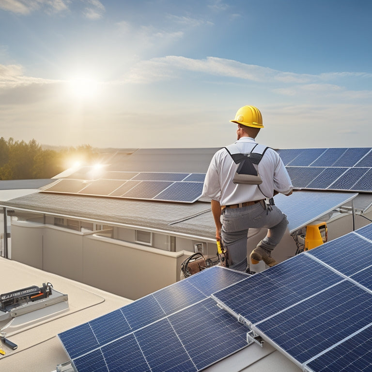 A photorealistic illustration of a residential rooftop with a newly installed solar panel array, showcasing a technician in a hard hat and harness, connecting wires to an inverter.