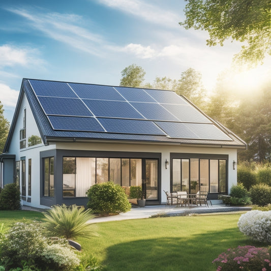 A serene suburban home with a sloping rooftop, covered in sleek black solar panels, surrounded by lush greenery, with a subtle sun glare and a few fluffy white clouds in the clear blue sky.