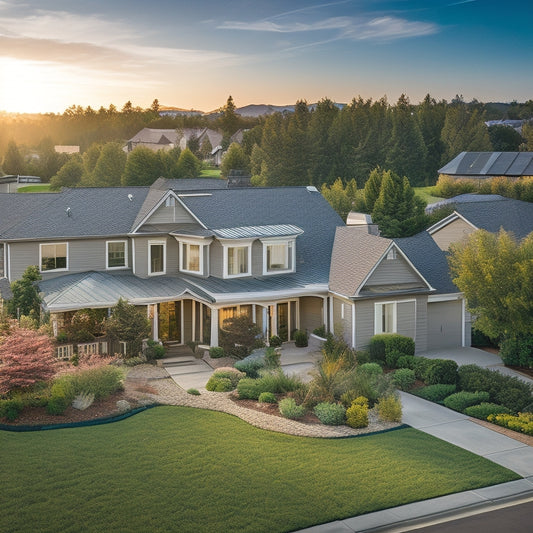 A serene suburban neighborhood with a mix of single-story and two-story homes, each with a unique rooftop solar panel array, showcasing various installation angles and panel configurations.