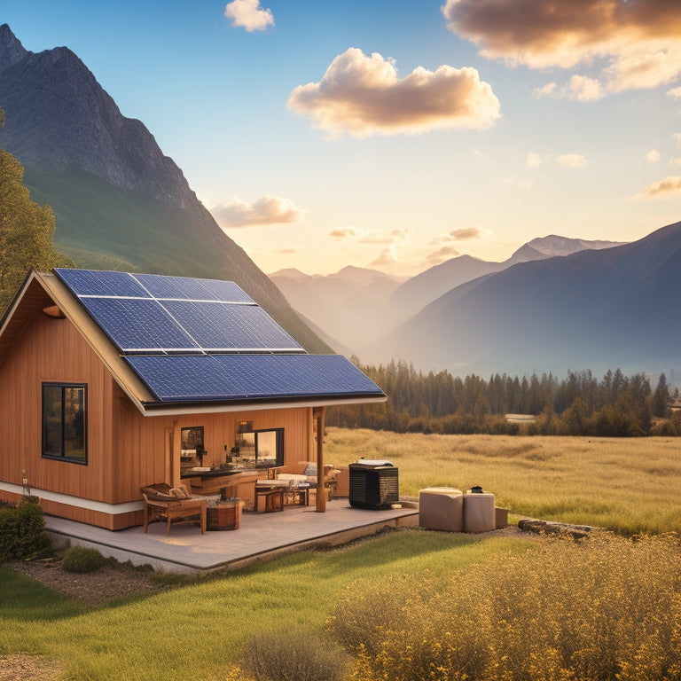 A serene off-grid homestead scene featuring a rooftop solar array, a battery bank, an inverter, and a charge controller, surrounded by lush greenery and a distant mountain range.