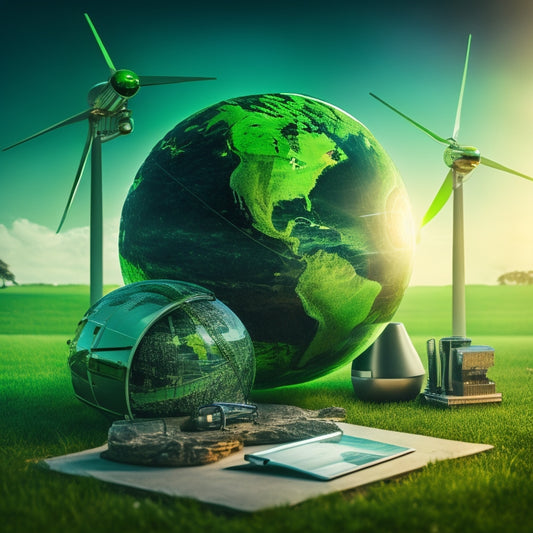 A futuristic, high-tech background with a large, glowing green globe at its center, surrounded by various tools and icons, including a miniature wind turbine, solar panels, and a clipboard with a checklist.