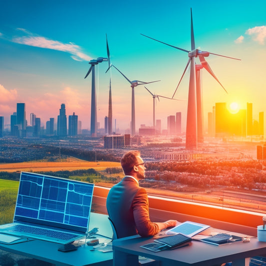 An illustration depicting a cityscape with wind turbines and solar panels in the background, with a central figure of a person in front of a laptop, surrounded by gears, circuits, and graphs, symbolizing the integration of technology and renewable energy.