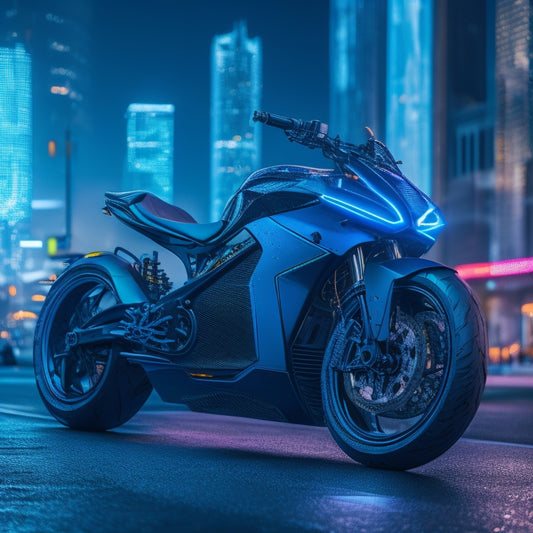 A futuristic, sleek electric motorcycle with glowing blue accents, set against a dark gray and neon-lit cityscape at dusk, with subtle hints of circuit boards and wires in the background.