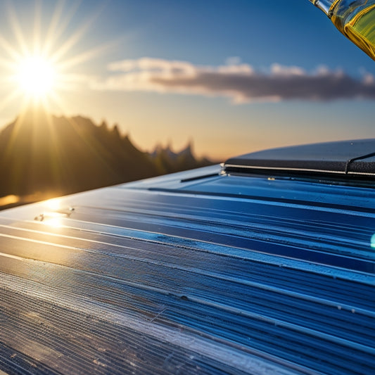 A close-up of a dirty solar panel on a vehicle's roof with a faint reflection of a sunny sky, next to a bottle of cleaning solution and a microfiber cloth.