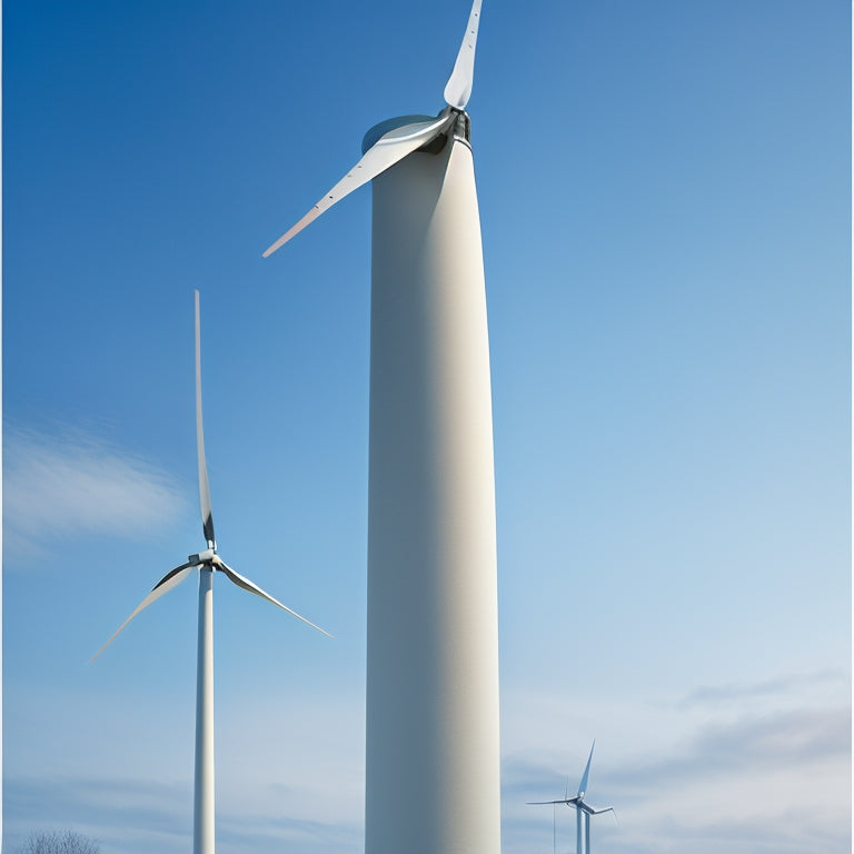 An illustration of a wind turbine with mismatched gear sizes, surrounded by tangled power lines, with a subtle crack in the turbine's base, set against a cloudy, grey-blue background.